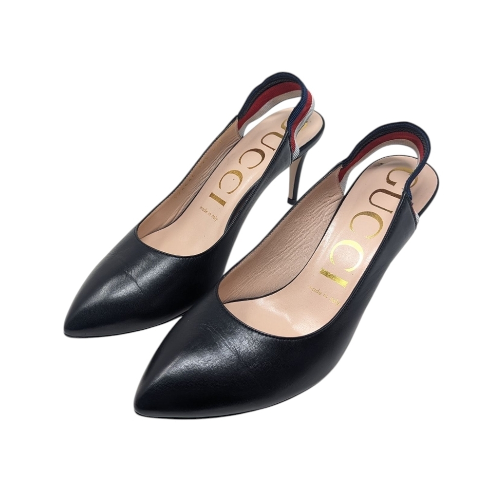 Gucci Sylvie Slingback Black Leather Pointed Pumps Size EU 37.5